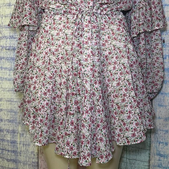 M/L Floral Print Long Sleeve Eyelet Ruffled Mini Tie Waist Dress - Picture 3 of 7